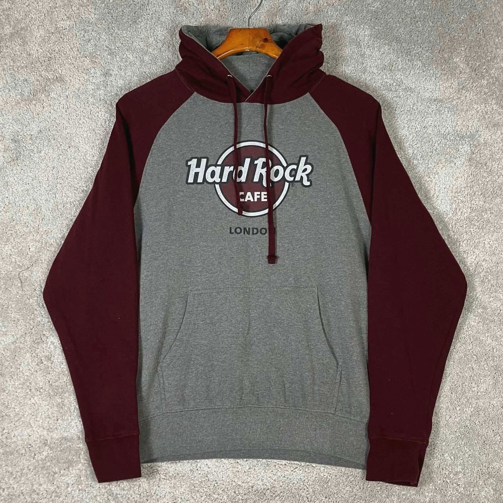 Hard Rock Cafe London Raglan Hoodie Mens Small Gray Maroon Pullover Sweatshirt
